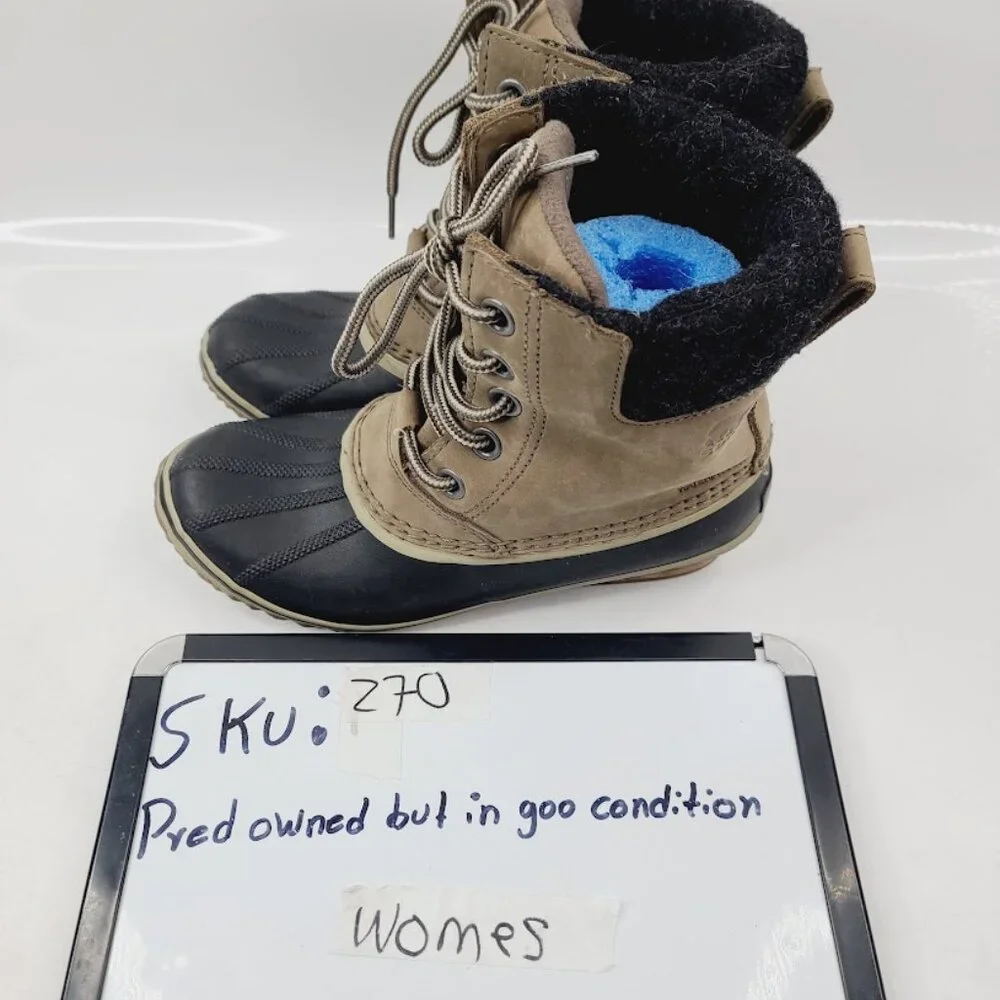 Sorel Women's Taupe Black Slimpack II Cuban Heel Ankle Winter Snow Boot Size 7.5